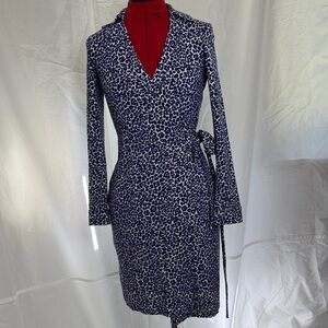 Diana Von Furstenberg Collared Wrap Dress in Blue Leopard Print Wrap Dress